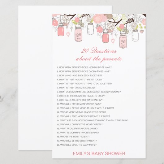 Editable 20 Vragen over het Baby shower van Ouders (Voorkant / Achterkant)