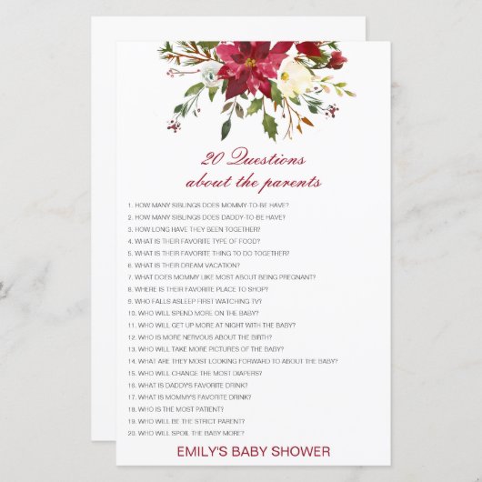 Editable 20 Vragen over het Baby shower van Ouders (Voorkant / Achterkant)