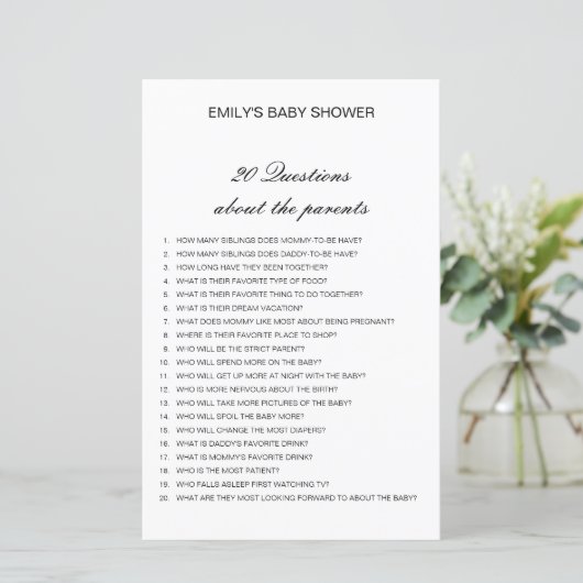 Editable 20 Vragen over het Baby shower van Ouders (Staand voorkant)