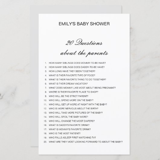 Editable 20 Vragen over het Baby shower van Ouders (Voorkant / Achterkant)