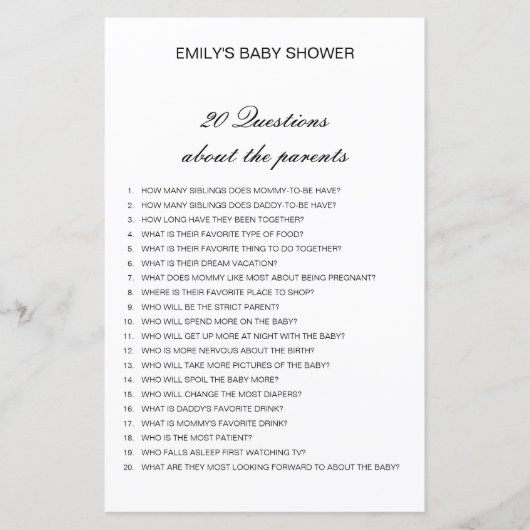 Editable 20 Vragen over het Baby shower van Ouders (Voorkant)