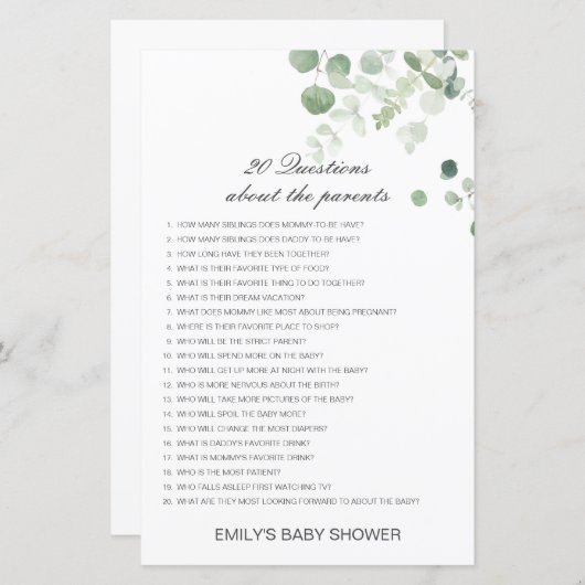 Editable 20 Vragen over het Baby shower van Ouders (Voorkant / Achterkant)