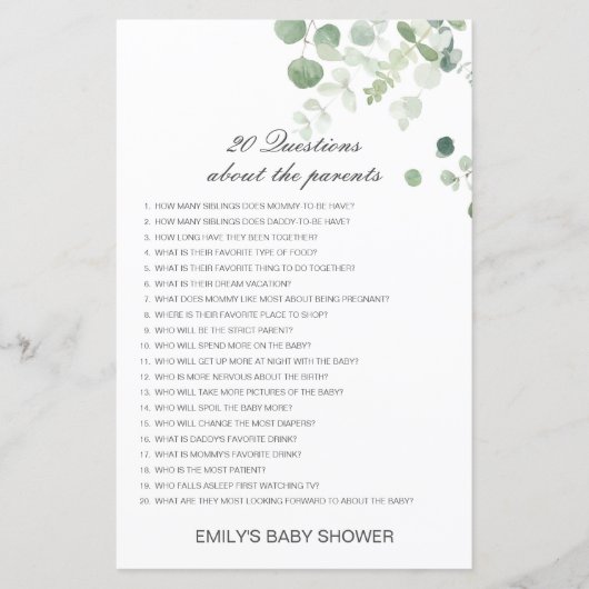 Editable 20 Vragen over het Baby shower van Ouders (Voorkant)