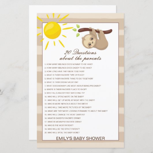 Editable 20 Vragen over het Baby shower van Ouders (Voorkant / Achterkant)