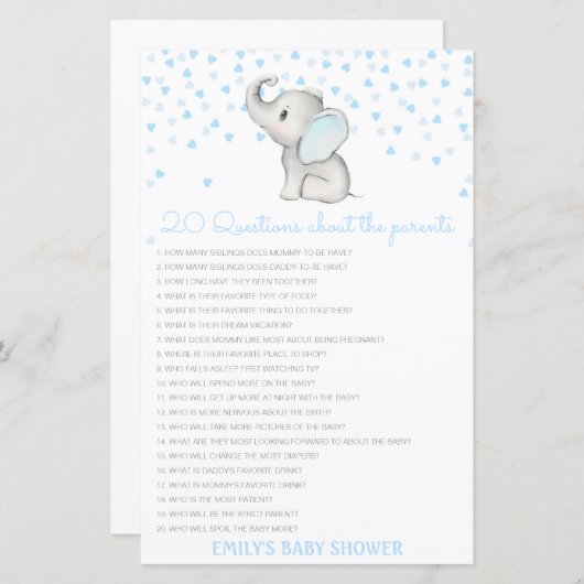 Editable 20 Vragen over het Baby shower van Ouders (Voorkant / Achterkant)