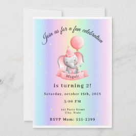 Editable 2nd Birthday Invitation Cute Elephant Kaart