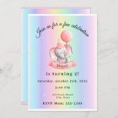 Editable 2nd Birthday Invitation Cute Elephant Kaart (Voorkant / Achterkant)