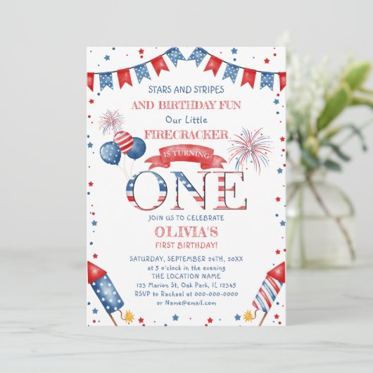 EDITABLE 4 juli Eerste Verjaardag Uitnodiging (Staand voorkant)