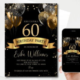Editable 60th Birthday Invitation: Black & Gold Ba Kaart