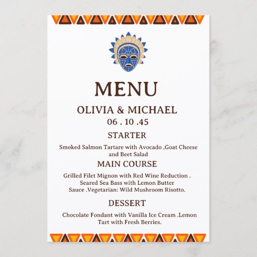 Editable African Tribal Mask Ethnic Wedding  Menu (Voorkant)