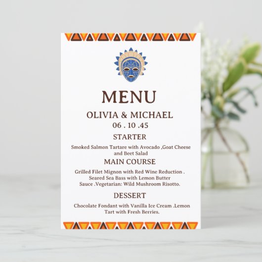 Editable African Tribal Mask Ethnic Wedding  Menu (Staand voorkant)