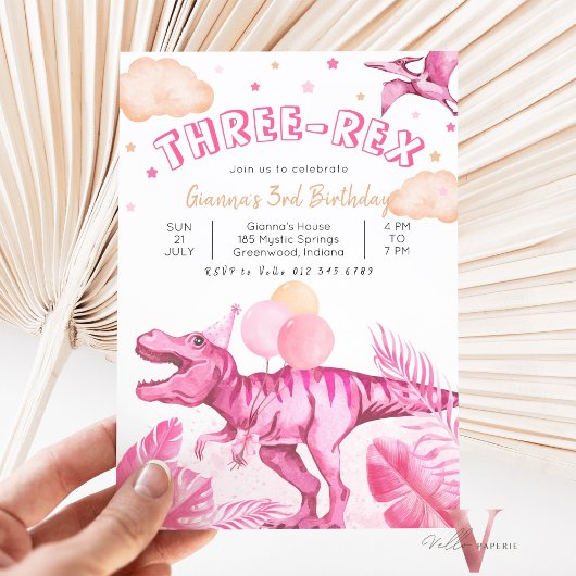 Editable "AGE" Dinosaurs Trex Wild Birthday Pink Kaart