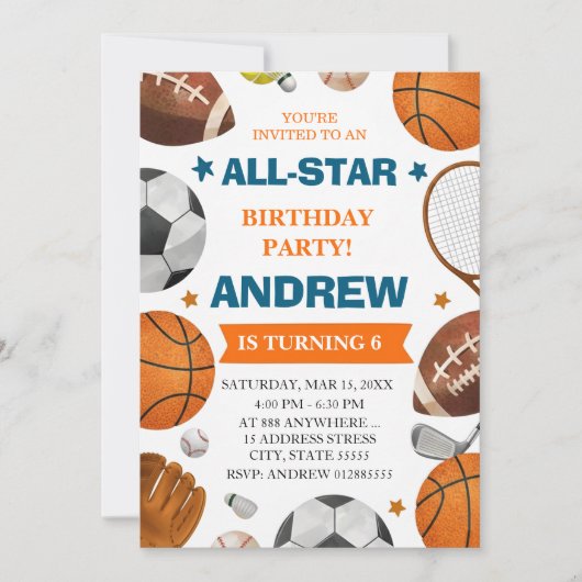 Editable All Star Sports Birthday Invitation Kaart (Voorkant)