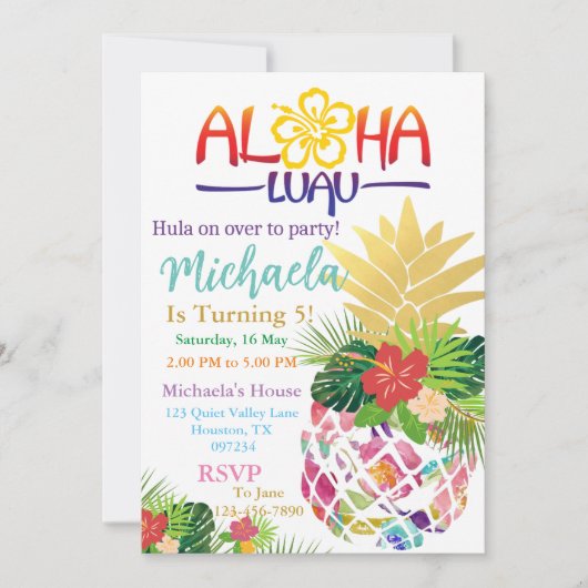 Editable Aloha Kinderen Birthday Kaart (Voorkant)
