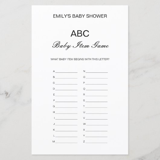 Editable Alphabet Baby Item Baby shower Game (Voorkant)