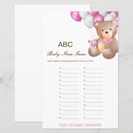 Editable Alphabet Baby Item Baby shower Game (Voorkant / Achterkant)