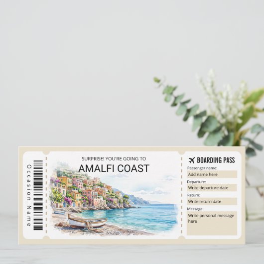 Editable Amalfi Coast Trip Boarding Pass Ticket Kaart (Staand voorkant)