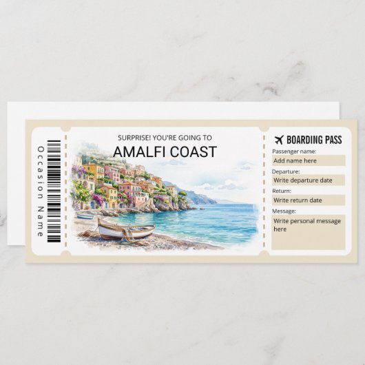 Editable Amalfi Coast Trip Boarding Pass Ticket Kaart (Voorkant / Achterkant)