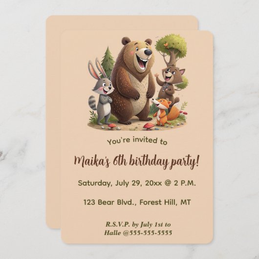 Editable Animals of the Forest Birthday Kaart (Voorkant / Achterkant)