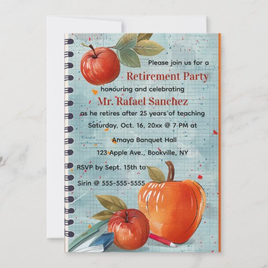 Editable Apple Graph Paper Teacher Retirement Kaart (Voorkant)