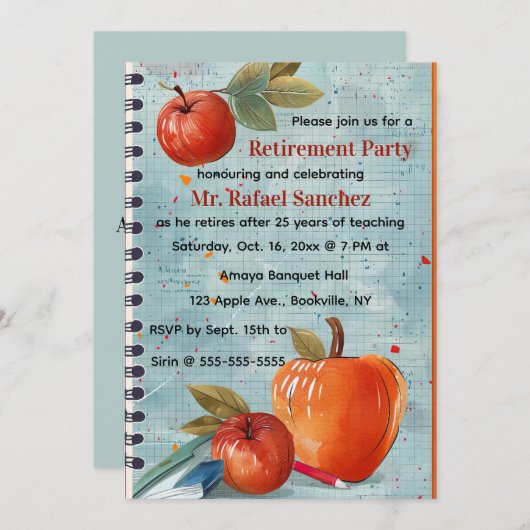 Editable Apple Graph Paper Teacher Retirement Kaart (Voorkant / Achterkant)