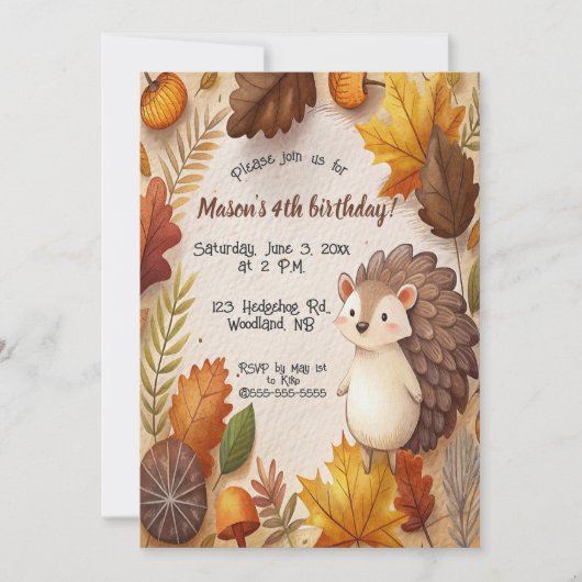 Editable Autumn Leaves and Hedgehog Birthday  Kaart (Voorkant)