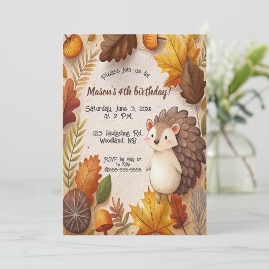 Editable Autumn Leaves and Hedgehog Birthday  Kaart (Staand voorkant)