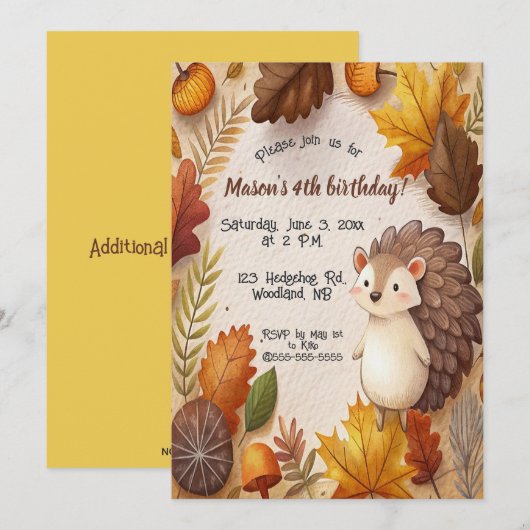 Editable Autumn Leaves and Hedgehog Birthday  Kaart (Voorkant / Achterkant)