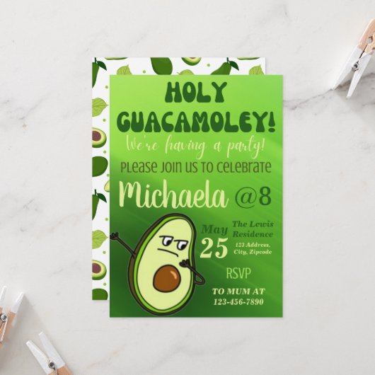 Editable Avocado Birthday Uitnodiging (Voorkant / Achterkant in situ)