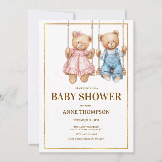 Editable Baby Shower – Cute Teddy Bear Kaart (Voorkant)