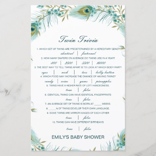 Editable Baby Twin Trivia Baby shower met antwoord (Voorkant)