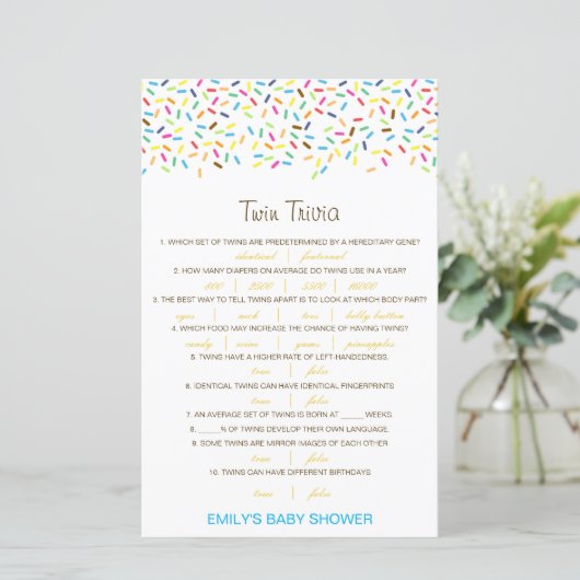 Editable Baby Twin Trivia Baby shower met antwoord (Staand voorkant)