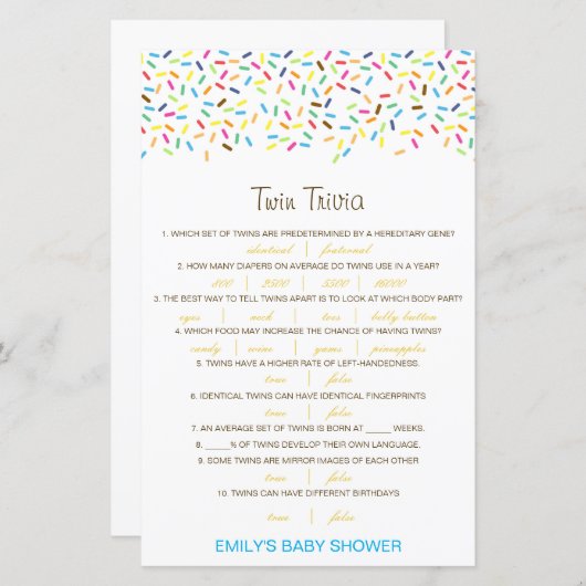 Editable Baby Twin Trivia Baby shower met antwoord (Voorkant / Achterkant)