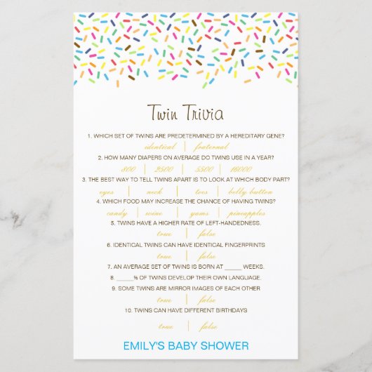 Editable Baby Twin Trivia Baby shower met antwoord (Voorkant)