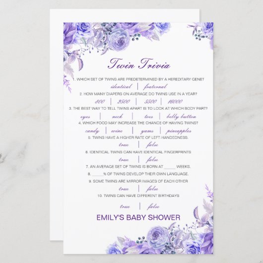 Editable Baby Twin Trivia Baby shower met antwoord (Voorkant / Achterkant)
