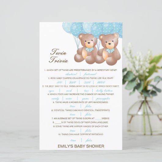 Editable Baby Twin Trivia Baby shower met antwoord (Staand voorkant)