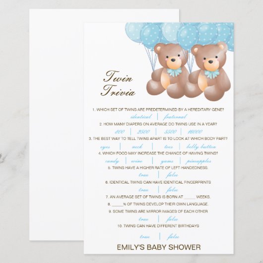 Editable Baby Twin Trivia Baby shower met antwoord (Voorkant / Achterkant)