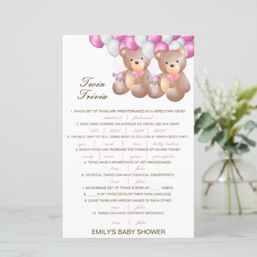 Editable Baby Twin Trivia Baby shower met antwoord (Staand voorkant)