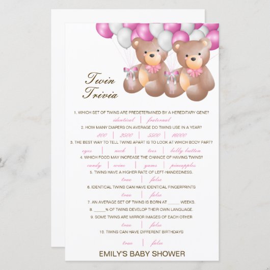 Editable Baby Twin Trivia Baby shower met antwoord (Voorkant / Achterkant)