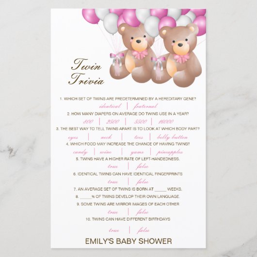 Editable Baby Twin Trivia Baby shower met antwoord (Voorkant)