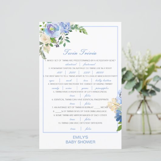 Editable Baby Twin Trivia Baby shower met antwoord (Staand voorkant)