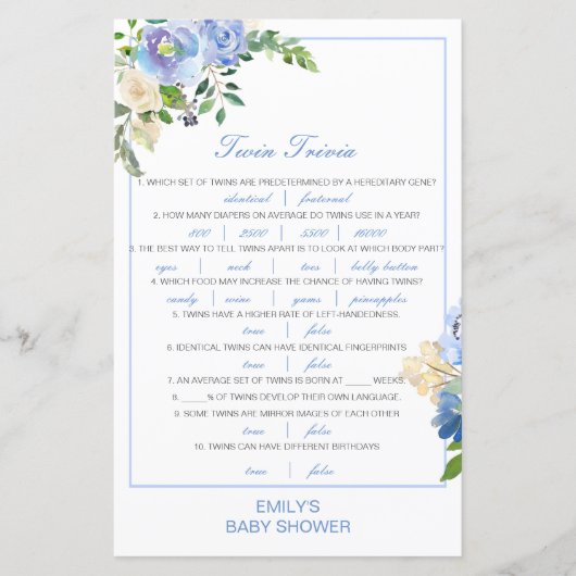 Editable Baby Twin Trivia Baby shower met antwoord (Voorkant)