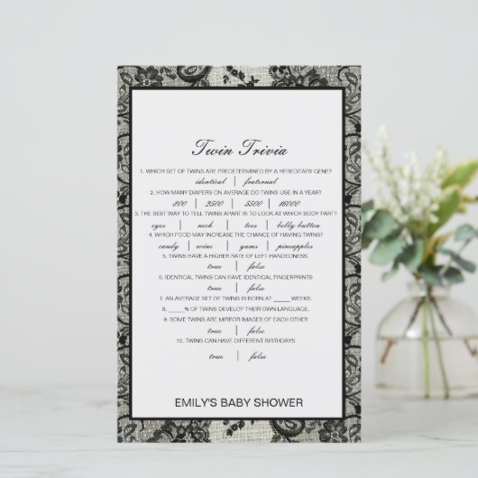 Editable Baby Twin Trivia Baby shower met antwoord (Staand voorkant)