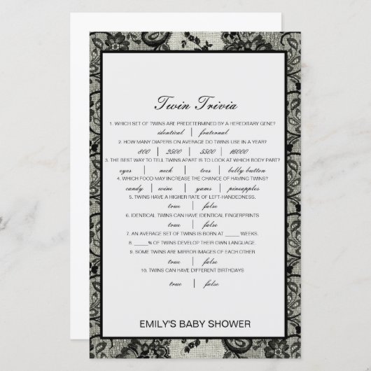 Editable Baby Twin Trivia Baby shower met antwoord (Voorkant / Achterkant)