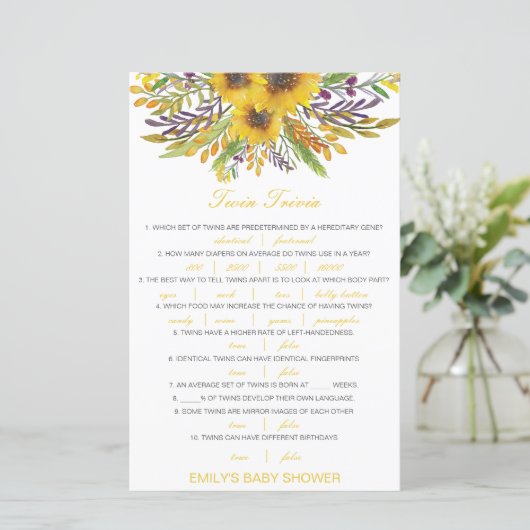 Editable Baby Twin Trivia Baby shower met antwoord (Staand voorkant)