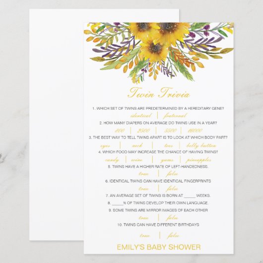 Editable Baby Twin Trivia Baby shower met antwoord (Voorkant / Achterkant)