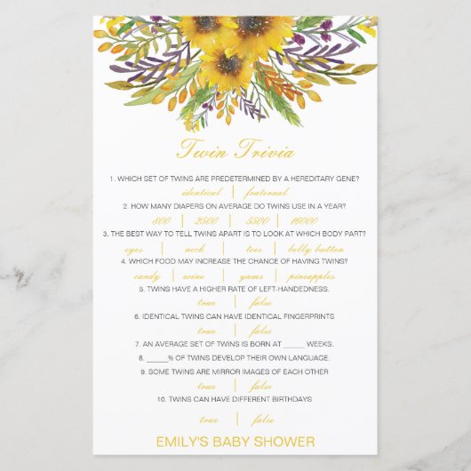Editable Baby Twin Trivia Baby shower met antwoord (Voorkant)