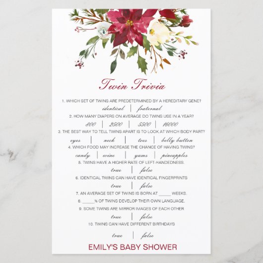 Editable Baby Twin Trivia Baby shower met antwoord (Voorkant)
