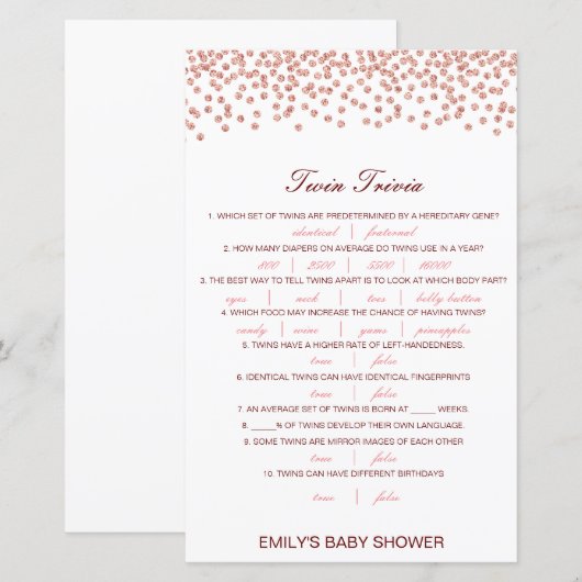 Editable Baby Twin Trivia Baby shower met antwoord (Voorkant / Achterkant)
