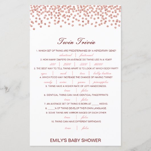 Editable Baby Twin Trivia Baby shower met antwoord (Voorkant)